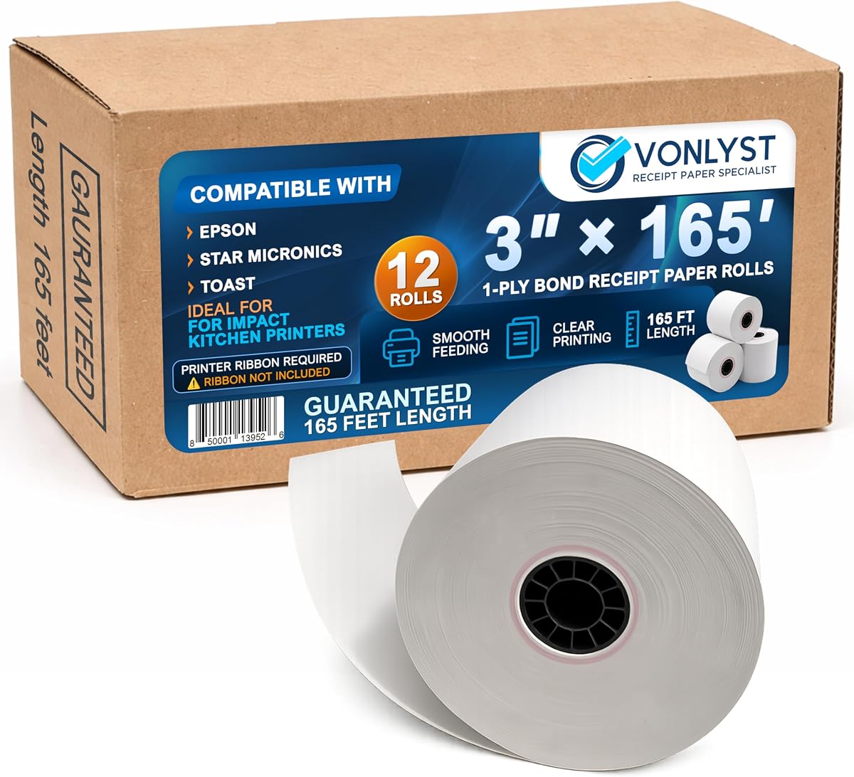 3" x 165' Bond Receipt Paper Rolls (12 Pack) – 1-Ply White POS Kitchen Printer Paper for Impact Printers – Compatible with Epson TM-U200, Star SP700, Bixolon SRP275, Toast TKP300