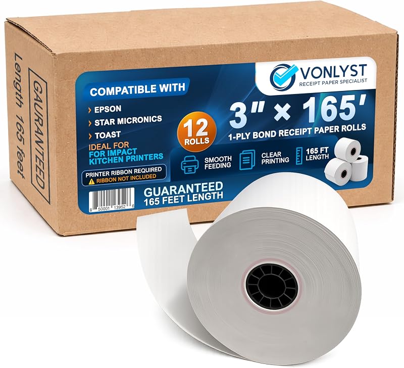 3" x 165' Bond Receipt Paper Rolls (12 Pack) – 1-Ply White POS Kitchen Printer Paper for Impact Printers – Compatible with Epson TM-U200, Star SP700, Bixolon SRP275, Toast TKP300