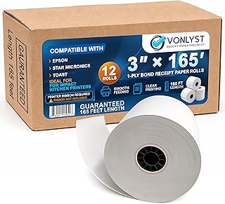 3" x 165' Bond Receipt Paper Rolls (12 Pack) – 1-Ply White POS Kitchen Printer Paper for Impact Printers – Compatible with Epson TM-U200, Star SP700, Bixolon SRP275, Toast TKP300