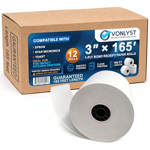 3" x 165' Bond Receipt Paper Rolls (12 Pack) – 1-Ply White POS Kitchen Printer Paper for Impact Printers – Compatible with Epson TM-U200, Star SP700, Bixolon SRP275, Toast TKP300