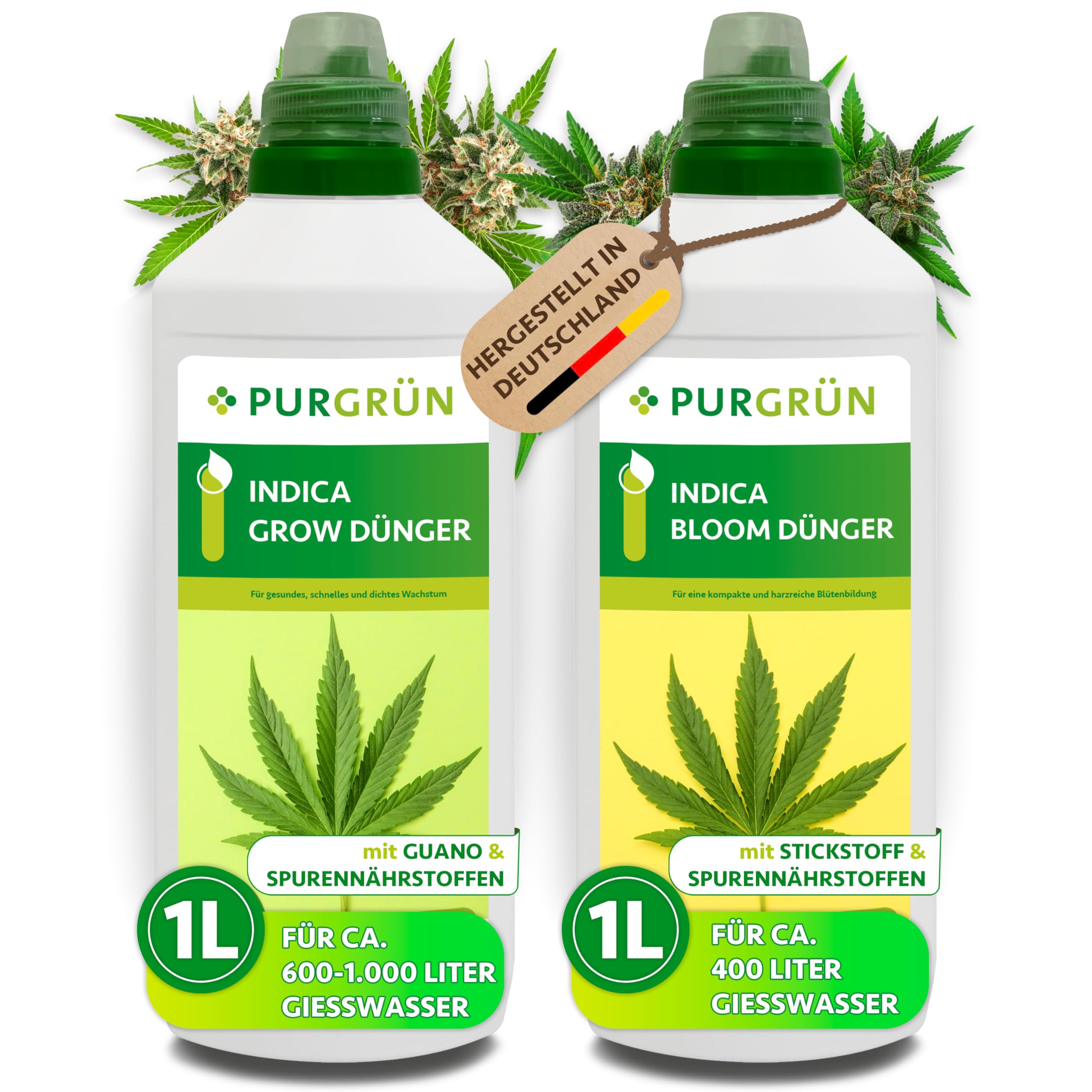 Indica-Dünger-Set 2 x 1 Liter – Schnell wirksame Rezeptur – Vollspektrum-Nährstoffe für Wachstum & Blüte – Flüssigdünger Indoor & Outdoor – Für alle Wachstumsphasen von Indica-Pflanzen