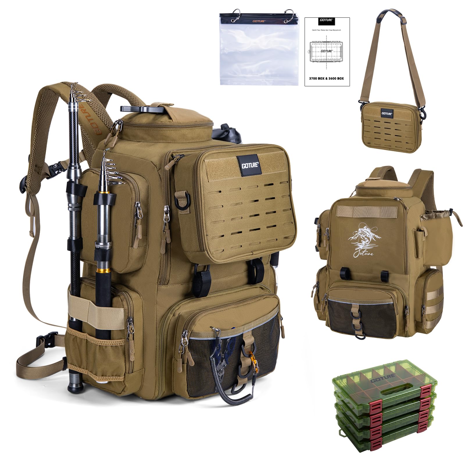 Goture 58L Fishing Tackle Backpack with 4 Tackle Boxes, Detachable Crossbody Bag, 900D Water-Resistant Fishing Bag with Rod Holders, 8 Lure Pockets, Bottle Holder for Camping Hiking Khaki