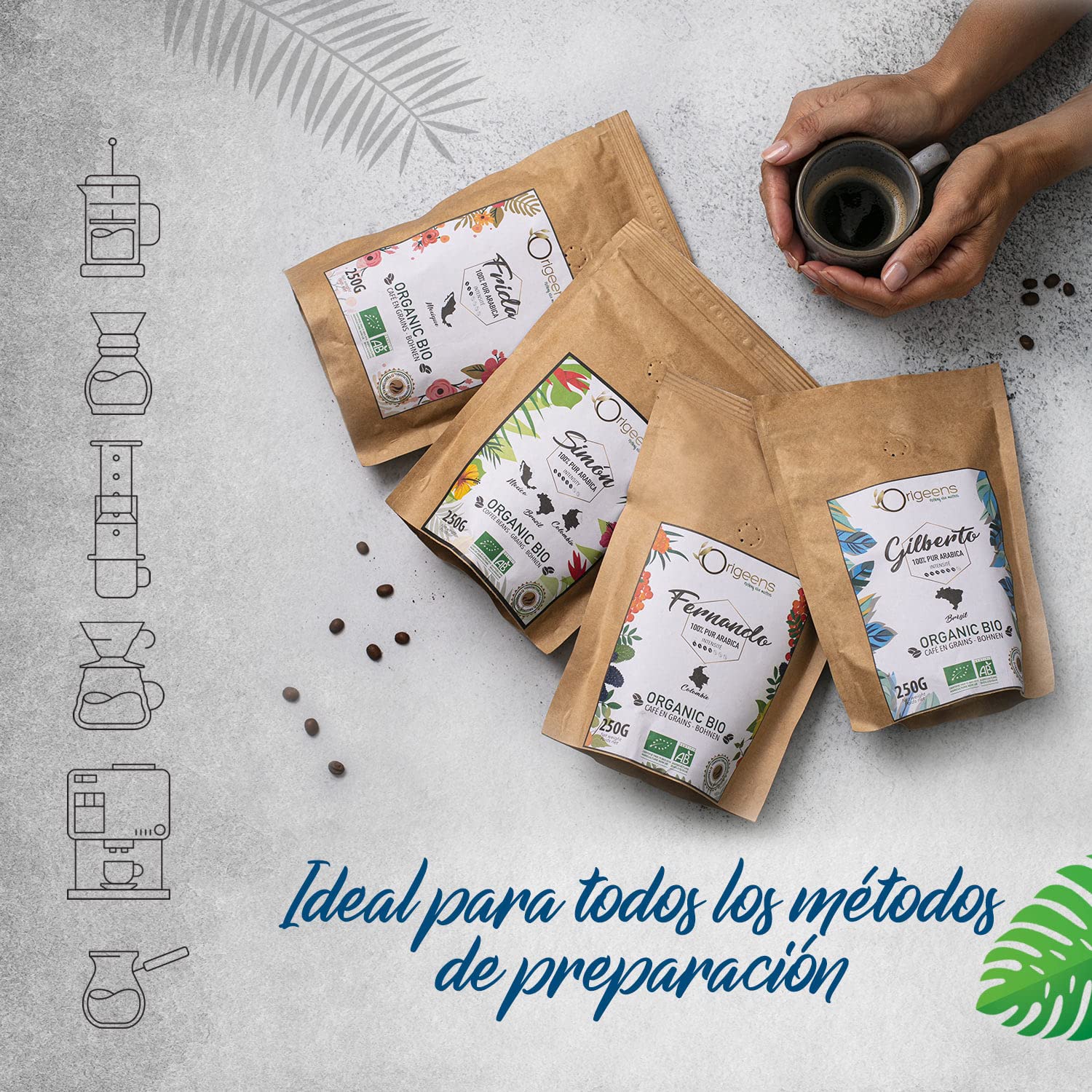 Cafe En Grano Ecólogico 1kg | Granos de Cafe Arabica 4x250g, Tostado Artesanal | Caja Cafe Regalo