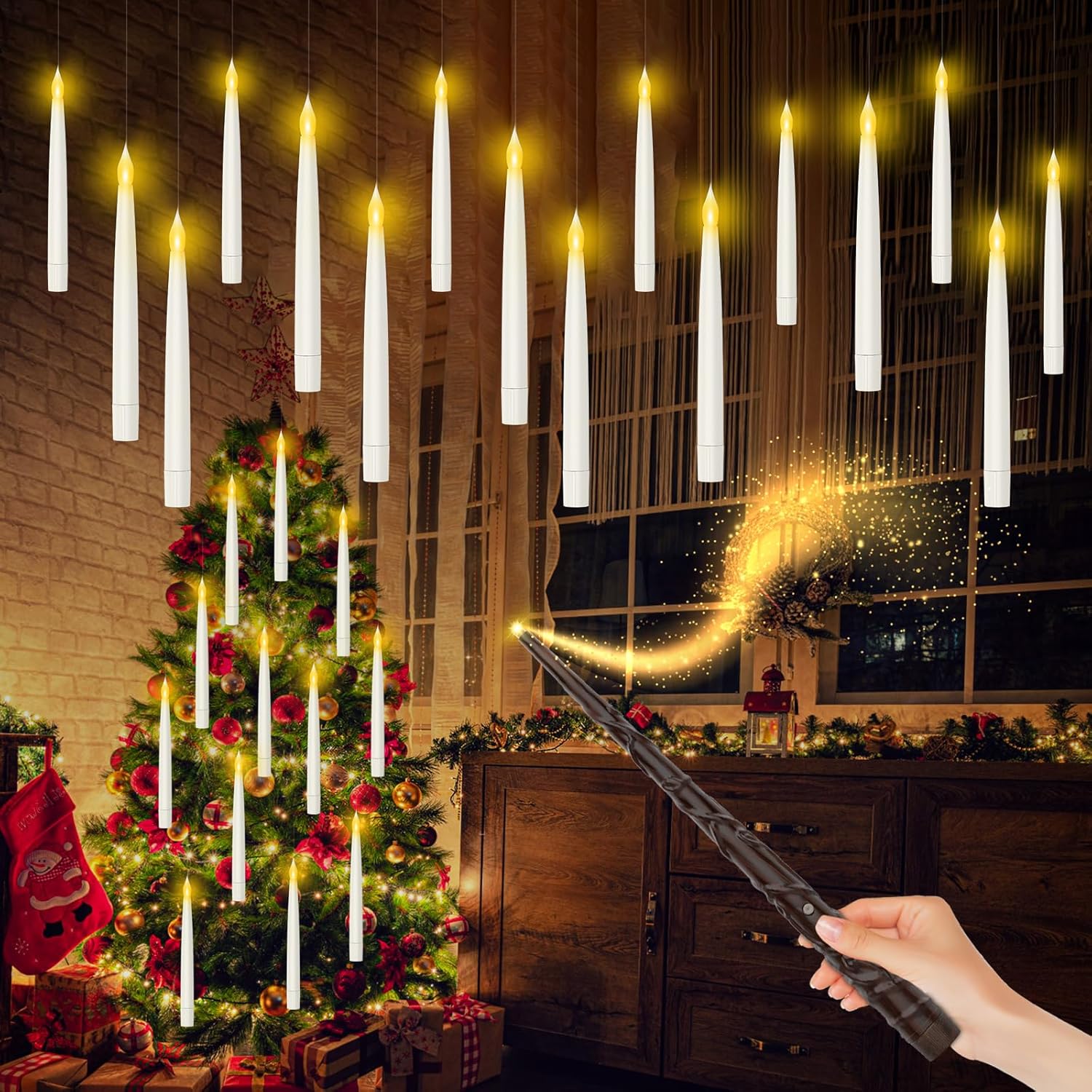 Christmas Decorations, Floating Flameless Candles with Remote Magic Wand, 12Pcs Tapered LED Battery Operated Hanging Candles with Flickering Warm Lights for Indoor and Outdoor Christmas/Party Decor