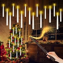 Christmas Decorations, Floating Flameless Candles with Remote Magic Wand, 12Pcs Tapered LED Battery Operated Hanging Candles with Flickering Warm Lights for Indoor and Outdoor Christmas/Party Decor