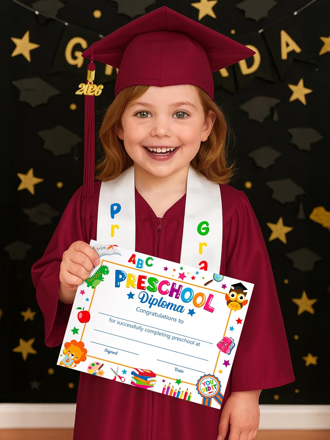 QZYL Preschool Graduation Cap and Gown Set, Unisex Kindergarten Graduation Outfit with Stole 2026 Tassel and Certificate
