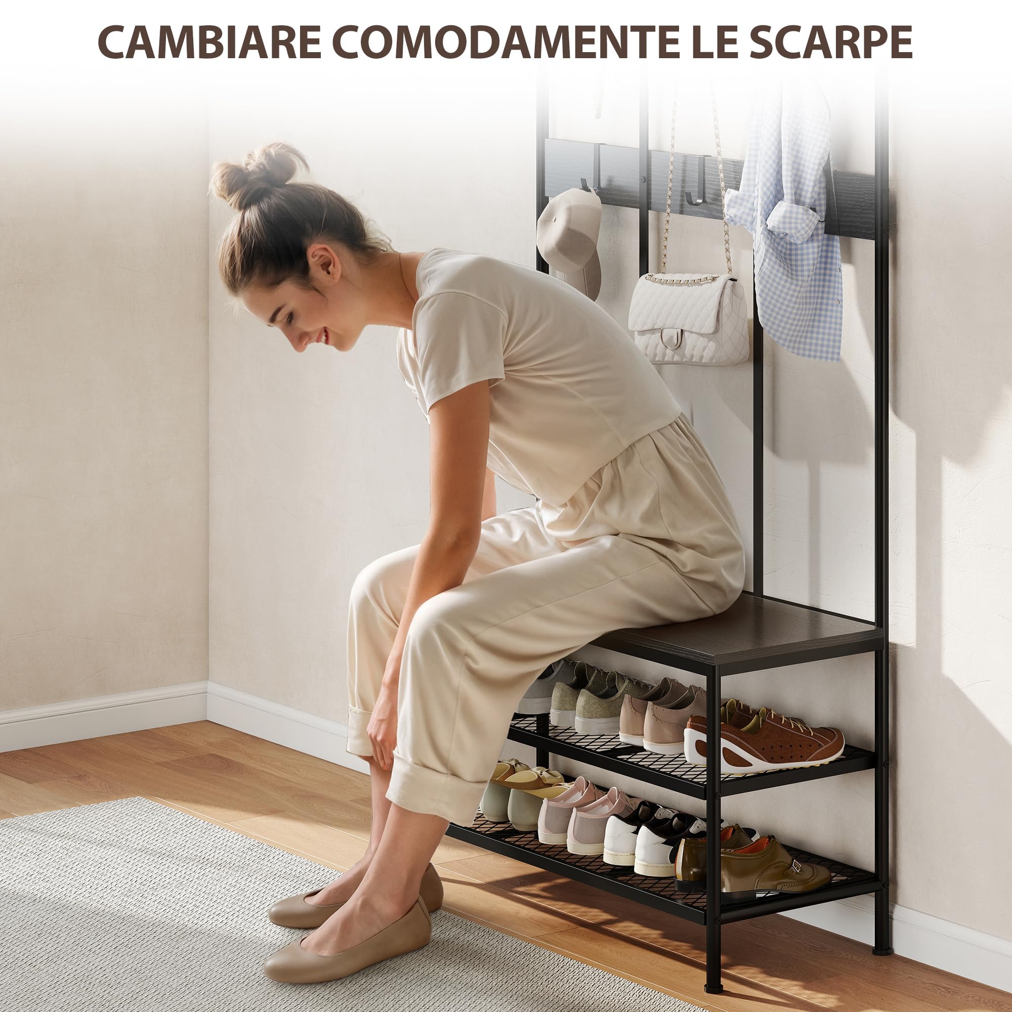 HOMCOM Appendiabiti da Ingresso 3 in 1 con Scarpiera 91x36x180 cm Nero | Attaccapanni Stile Industriale con Panca, 6 Ganci, 2 Ripiani Porta Scarpe