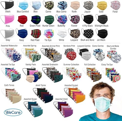 Miniatura 2 de WECARE Mascarilla desechable envuelta individualmente, paquete de 50 máscaras de impresión de color sólido de tono océano surtidos, 3 capas