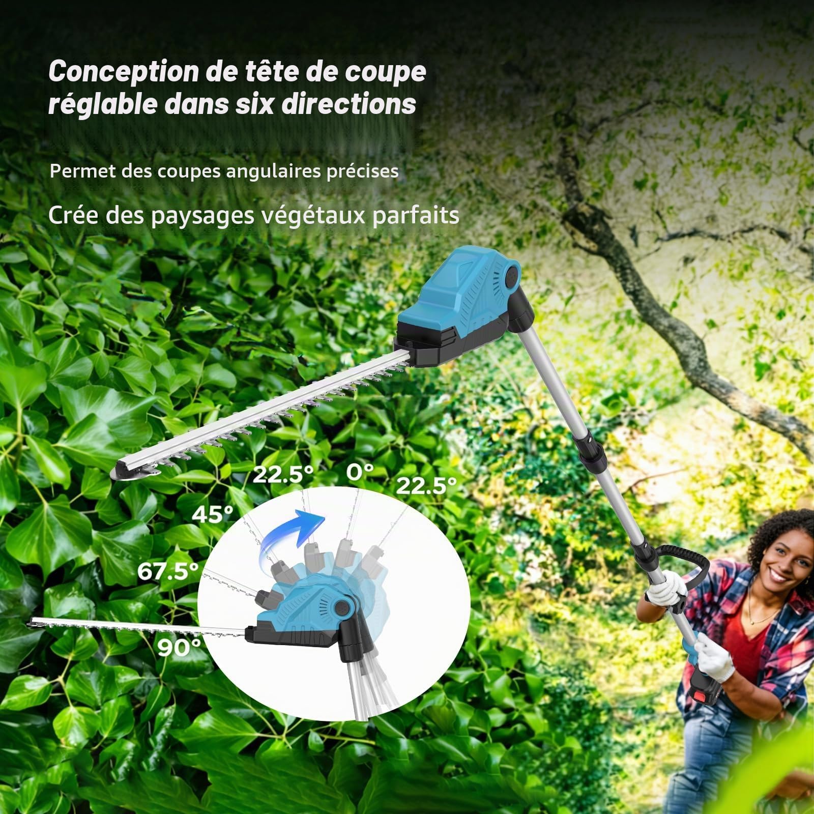 Taille Haie Electrique Telescopique 2,6 m, Taille-Haies sur Perche sans Fil avec 2 * Batteries 4,0Ah, Lame Double Action 48 cm, Tête Pivotante 135° Réglable, Taille-Haies Électriques pour Haies Hautes