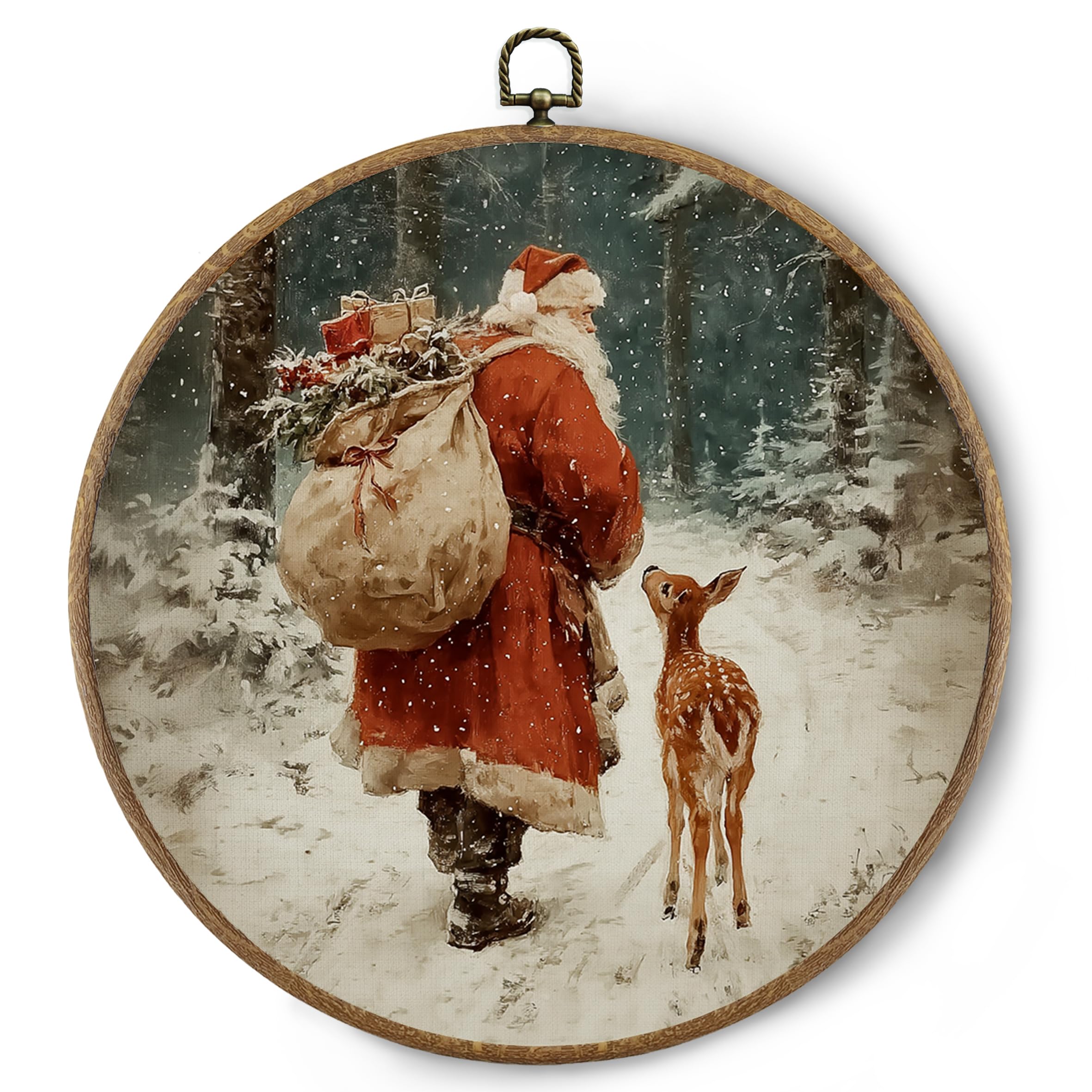 BitKAM Vintage Christmas Santa Deer Round Wall Art Decor, Christmas Canvas Prints Framed, Rustic Holiday Xmas Winter Wall Hanging Decorations for Home Bedroom Living Room, 10x10 Inch Wall Sculptures