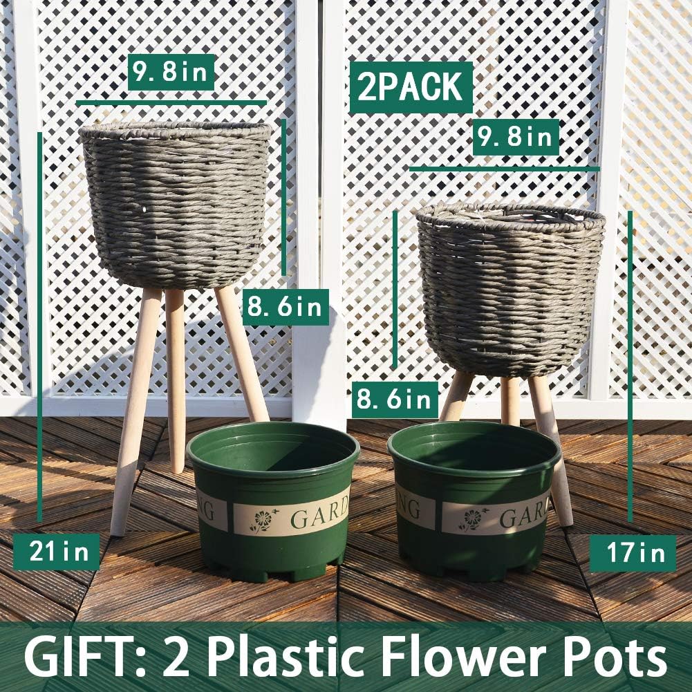 Modern Indoor Plant Basket with Pot,Handmade Unique Planter Stand Mid-Century Wood Flower Pot Holder-Home Decor,Set of 2 (Grey)