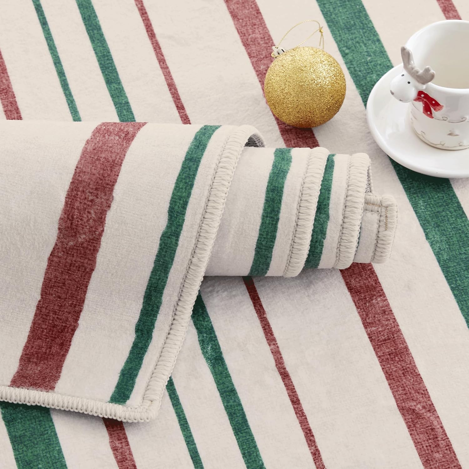 StangH Runner Rug 2x8 Hallway Washable Kids Rug Low-Pile Print Red Green Stripe Christmas Runners Non-Slip Pet Friendly Faux Wool Carpet Kitchen Laundry Bathroom Bedroom