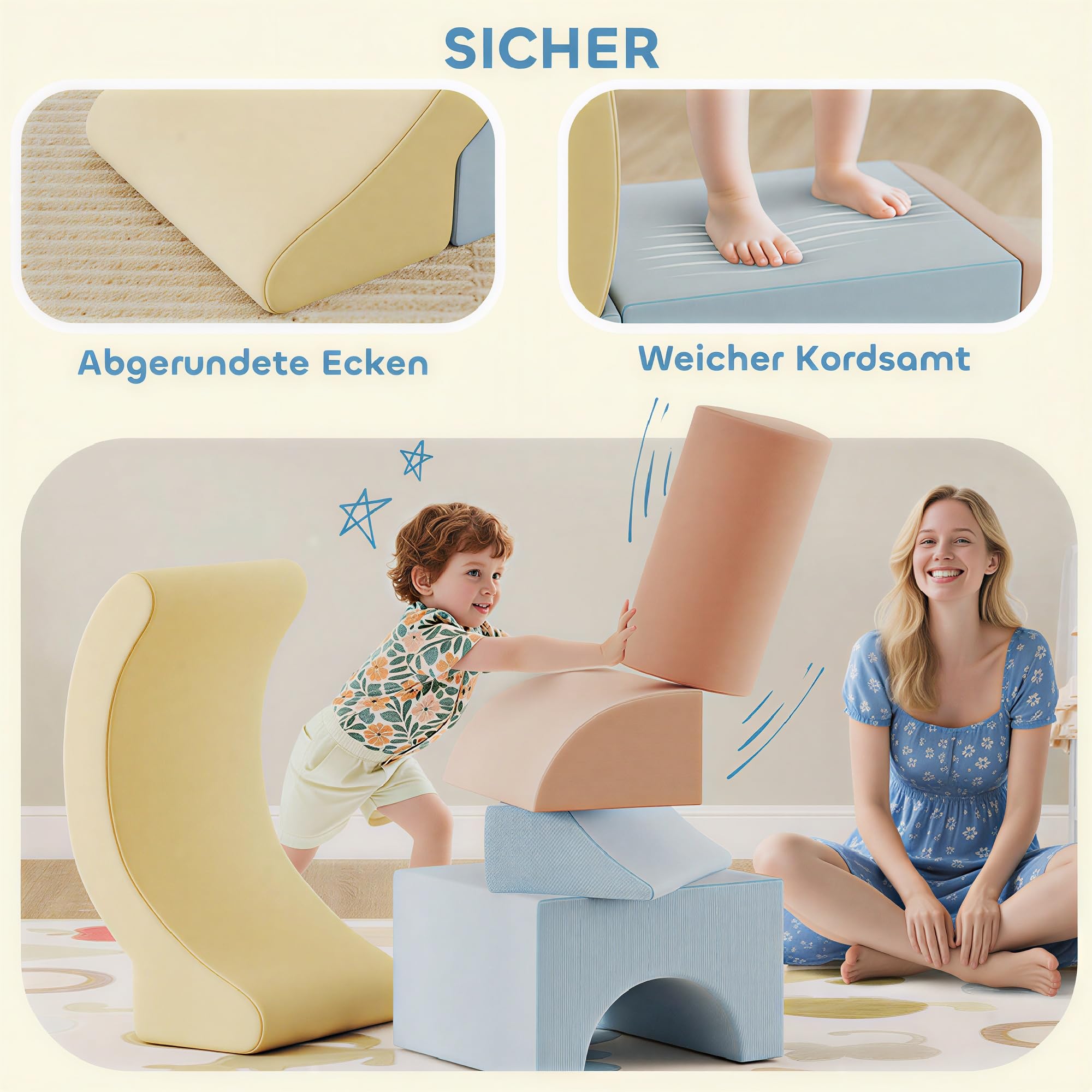 AIYAPLAY Schaumstoff Bausteine 5er-Set Softbausteine Großbausteine Blau | Kinder, Klettern, Riesenbausteine, Bausteinset mit Cord-Optik, Bauklötze
