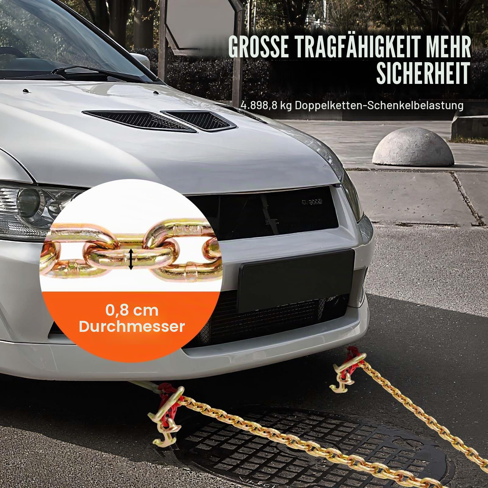 VEVOR G80 Abschleppkette, 8 mm x 90 cm Stahlkette mit J-Haken, T-Haken und Greifhaken, Schwerlast-Transportschleppkette mit 4898 kg sicherer Arbeitslast zum Heben, Laden, Abschleppen und Festbinden