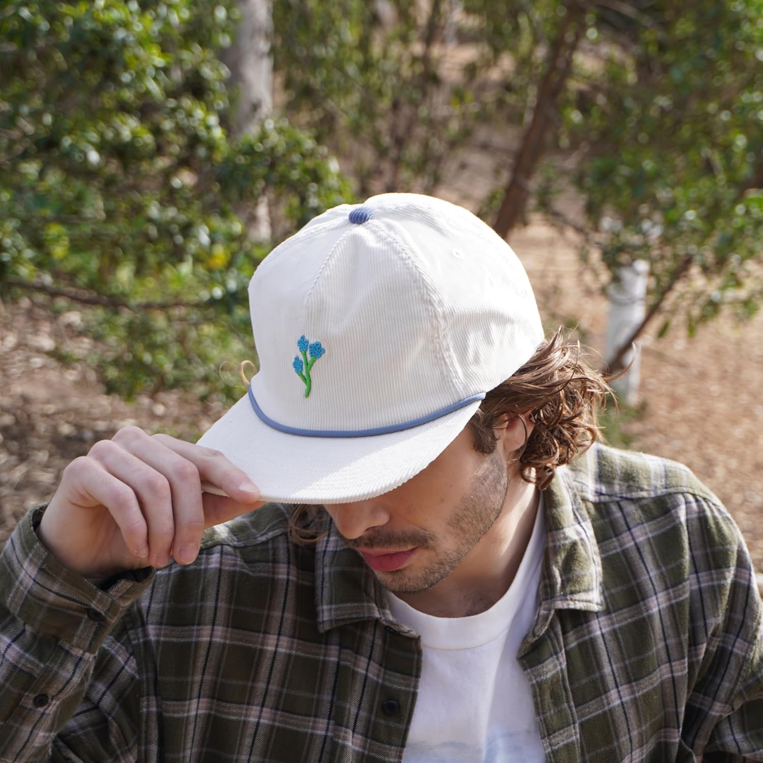 Rather Be Club Blue Flower Corduroy Rope Hat – Beige Vintage Cap with Flower Embroidery – Flex Hook-and-Loop Strap - Image 6