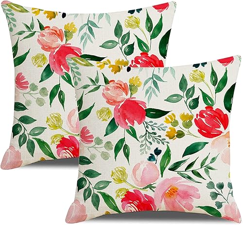 Juego de 2 fundas de almohada de primavera de 18 x 18 pulgadas, diseño de flores rosas y hojas verdes, acuarela floral, decoración del hogar, funda