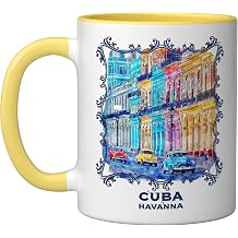 Cuba street scene from Havana Classic Cars Old Town Souvenir Ceramic Mug, Yellow/White
