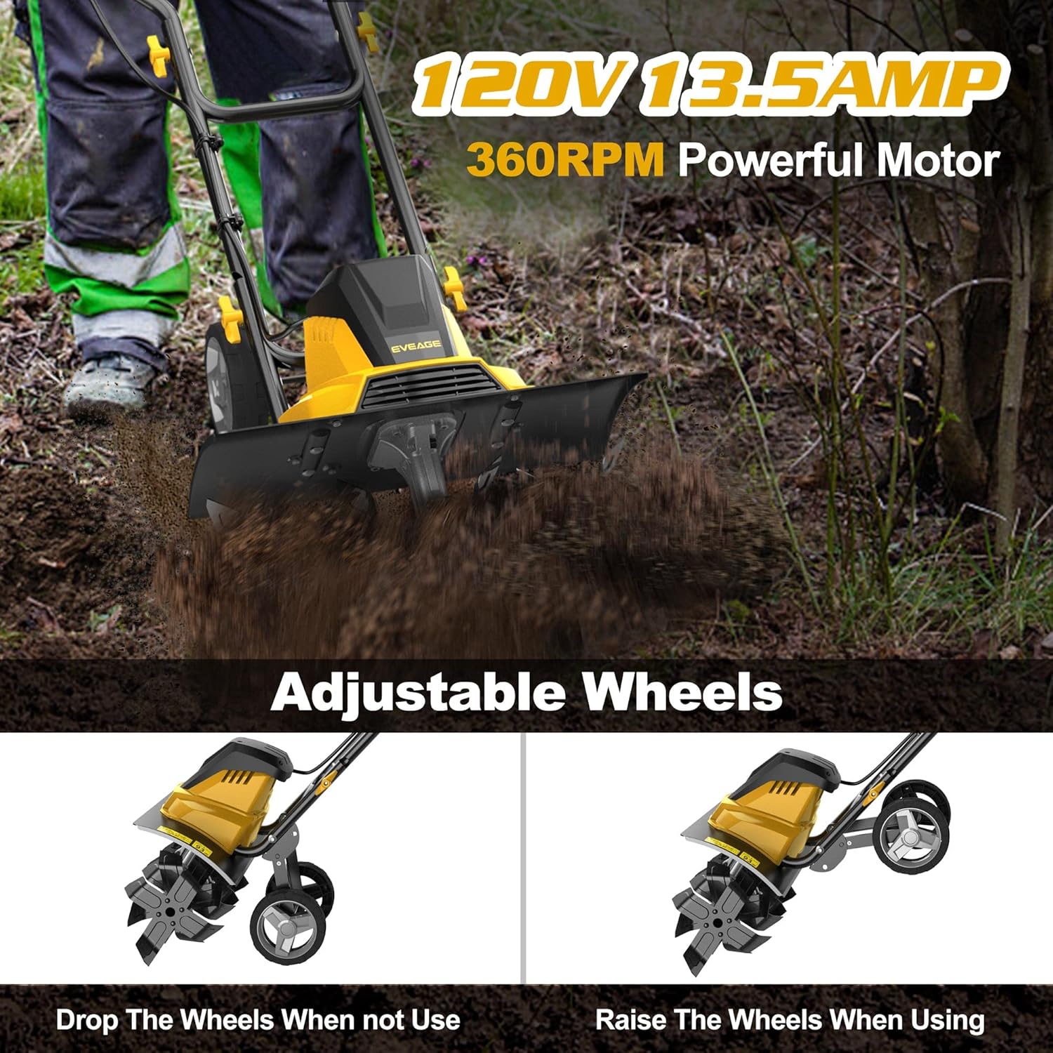 EVEAGE Electric Tiller for Garden, 18 Inch Power Tillers and Cultivators Electric, 13.5AMP Rototiller Cultivator Garden Tool, 4'' - 8'' Tilling Depth Foldable Handle : Patio, Lawn & Garden
