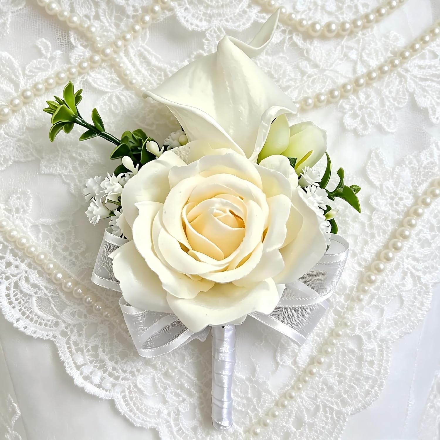 Artificial White Boutonniere for Men, White Calla Lily Rose Boutonniere for Wedding Prom Groom Groomsmen, Handmade Fake Flower Lapel Pin with Pin & Clip