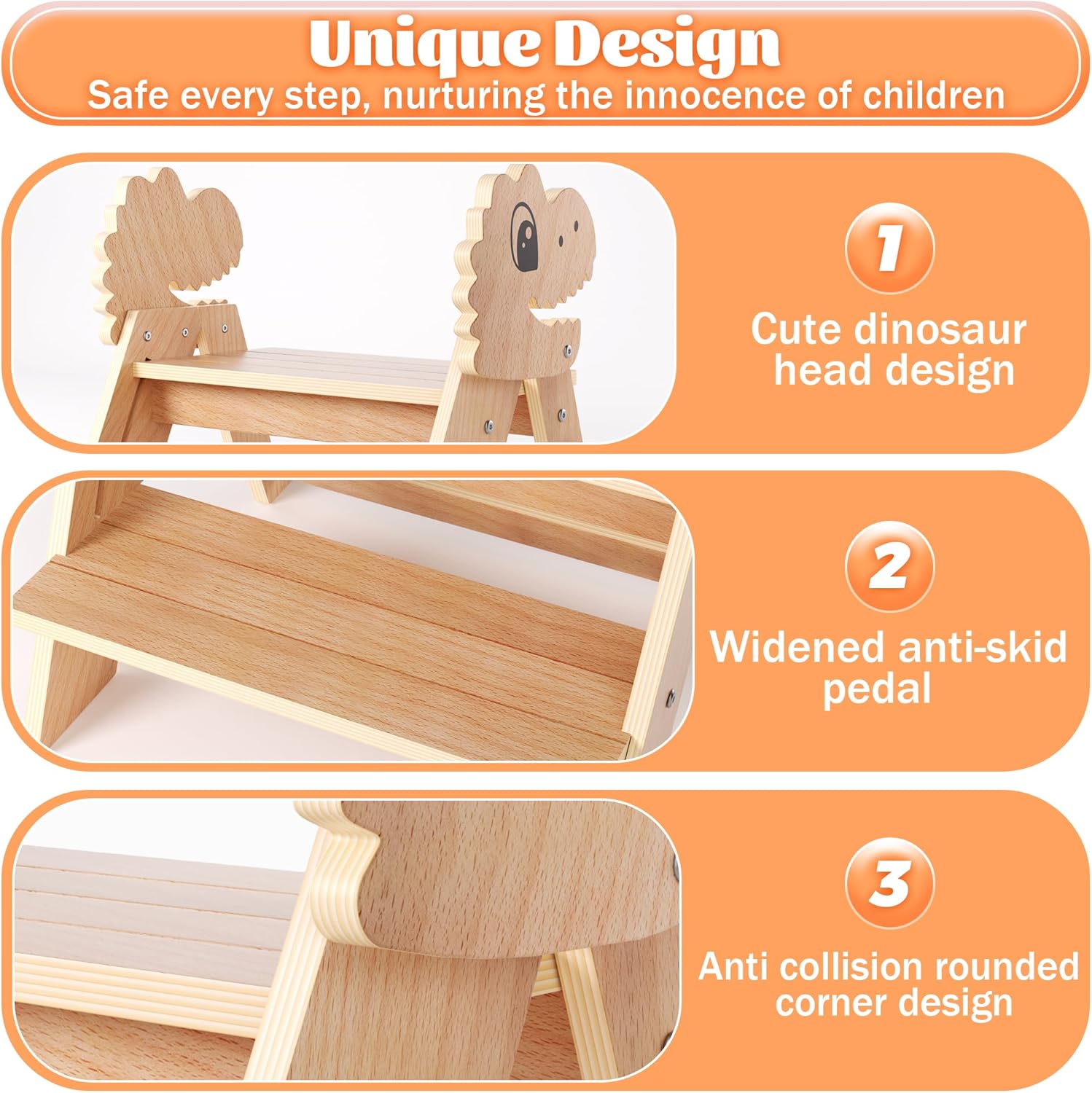 Beech Wooden Toddler Step Stool, 2-Step Foldable Stool for Kids with Non-Slip Surface, Baby Bathroom Stool for Potty Training, Bathroom Sink, Kitchen Counter with Cute Dinosaur Design