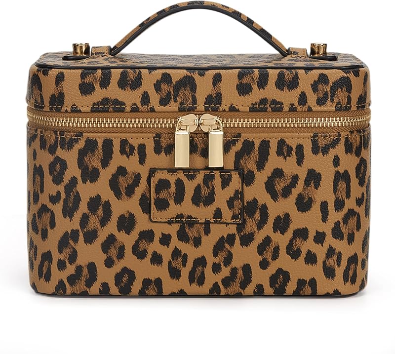 Necessaire de viagem HiTotes em couro sintético com estampa de leopardo, divisória removível