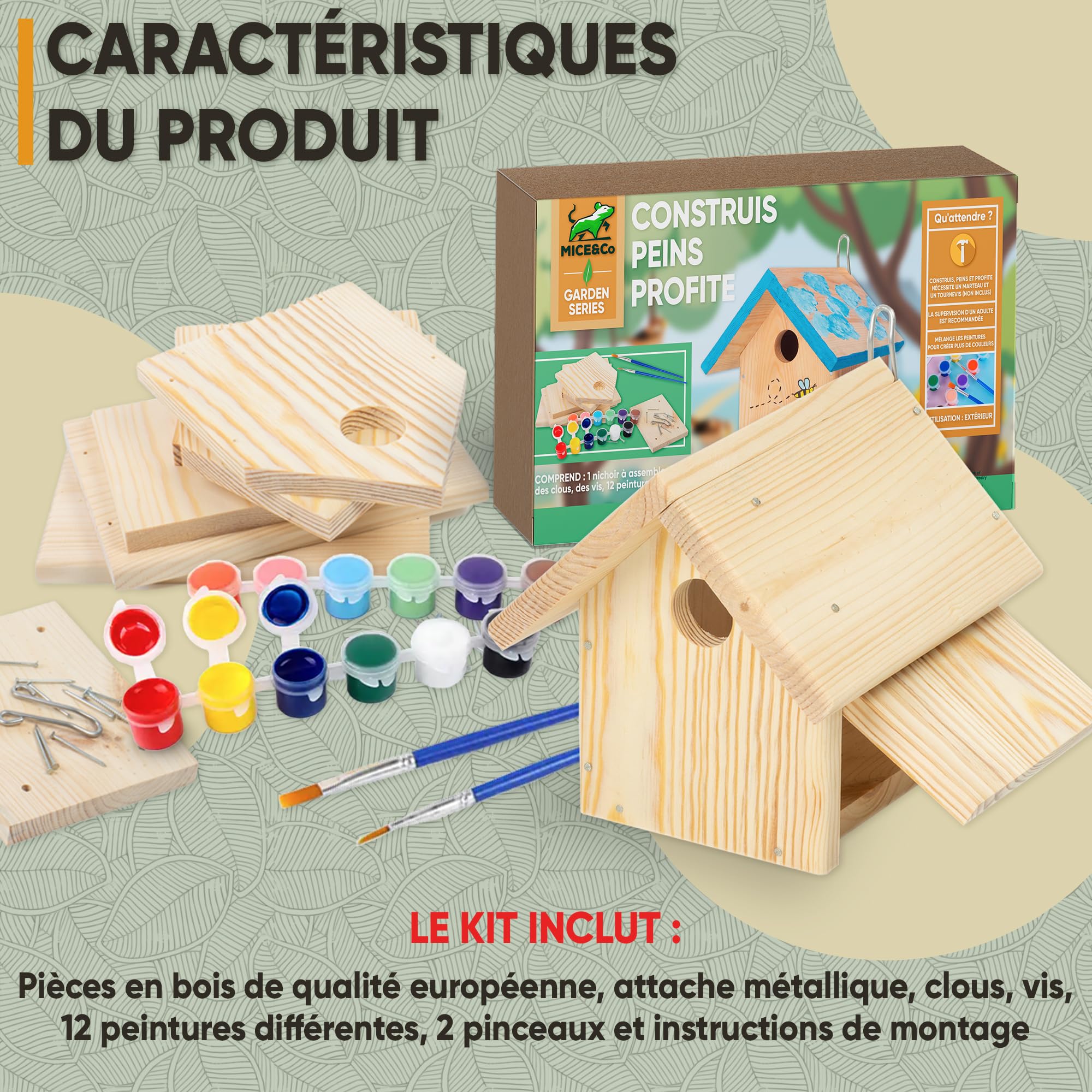 Mice&Co Maison d'Oiseau en Bois à Peindre | Kit Loisir Créatif DIY Jardin | Inclut 12 Peintures et 2 Pinceaux, Clous et Vis Inclus, Origine Européenne, Vrai Nichoir, Idée Cadeau