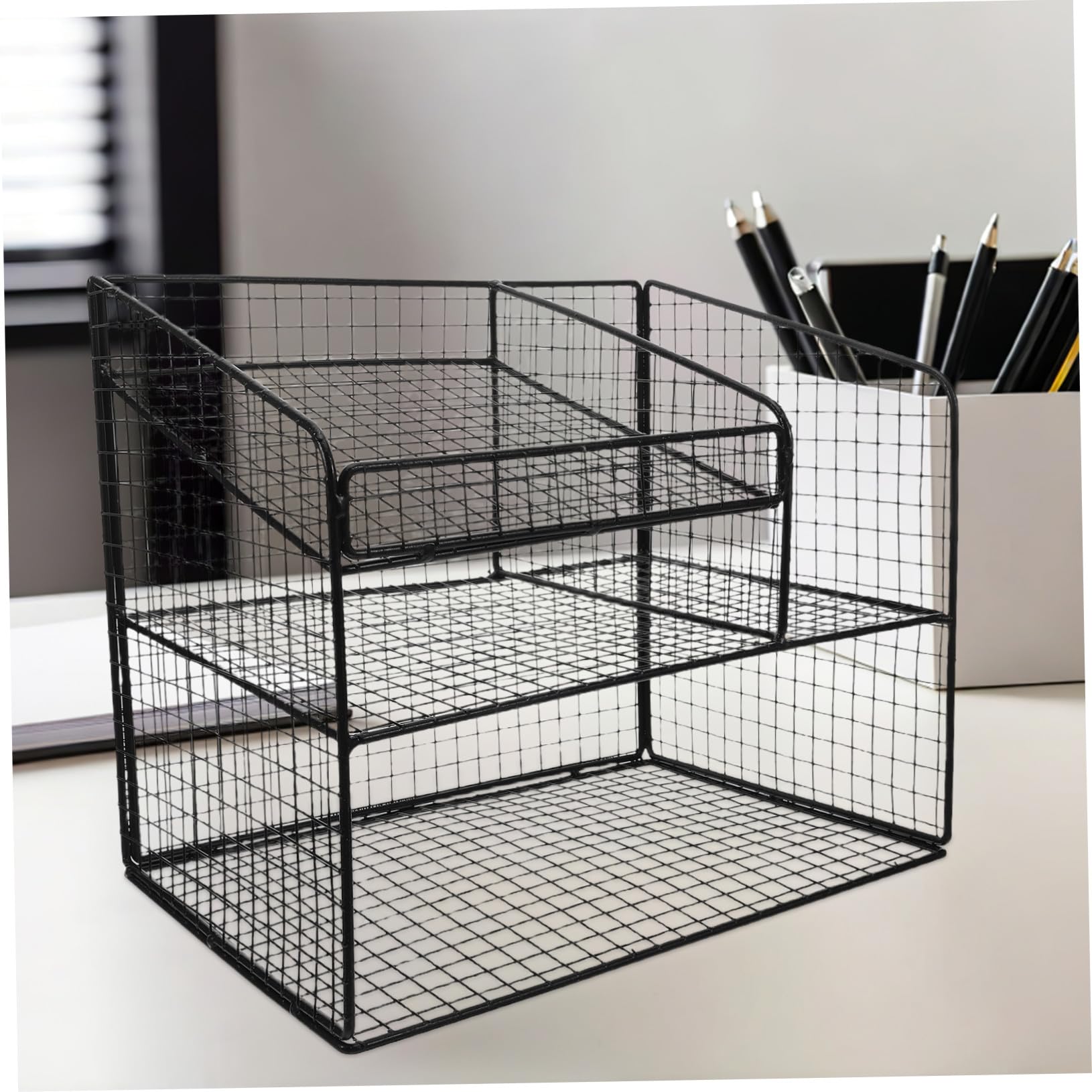 Organiseur de Bureau Noir Moyen avec Support Téléphone Plateau à Courrier et Range-documents Maille Métallique Organiseur de Fichiers Robuste pour Espace de Travail et Rangement de