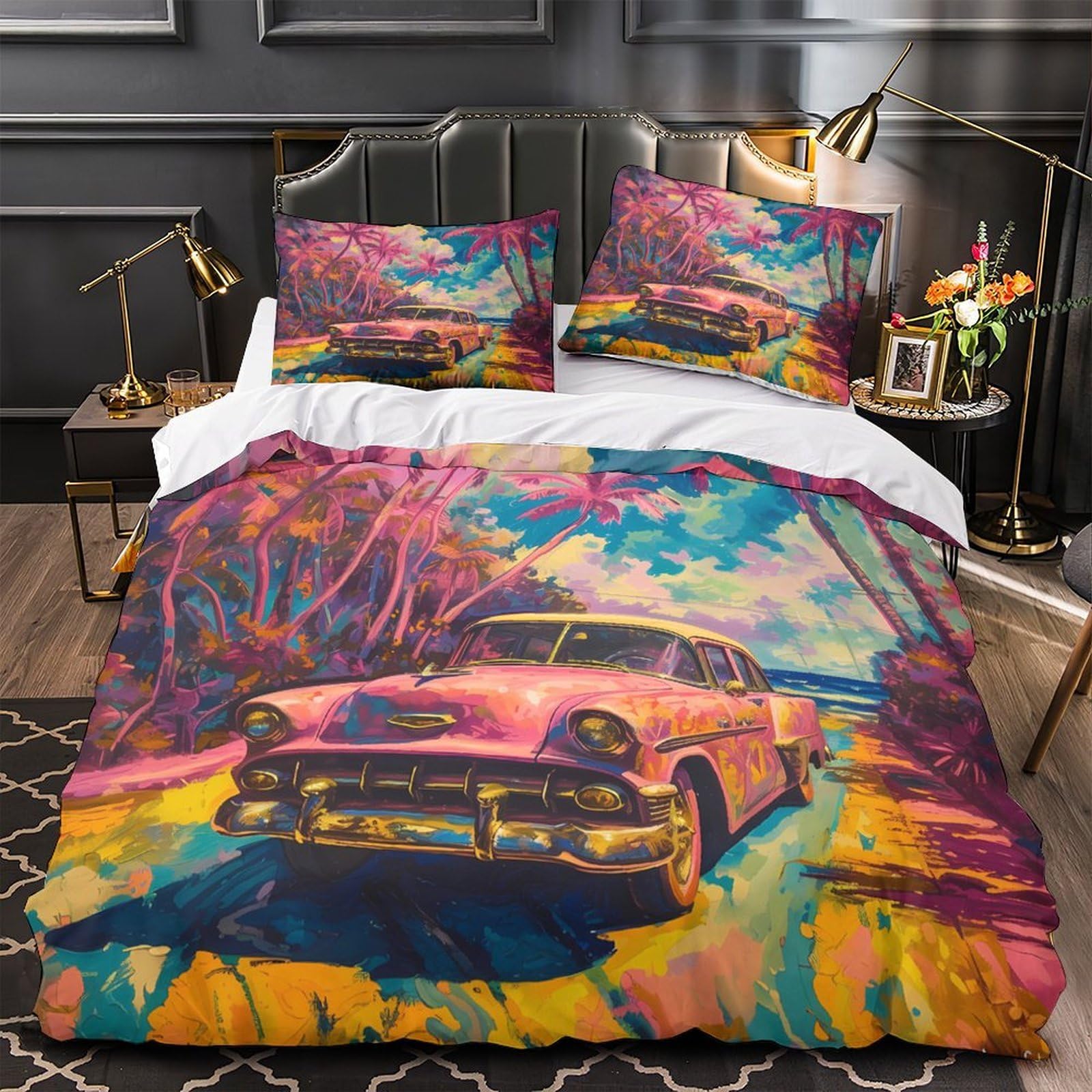 Housse de couette voiture ancienne pour décorer une chambre d'enfant avec style tropical