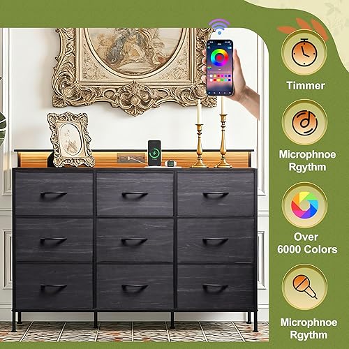 Miniatura 3 de Soporte de TV negro para TV de 45, 50, 55 pulgadas, mesa consola multimedia de TV con luces LED y estación de carga, centro de entretenimiento con 9