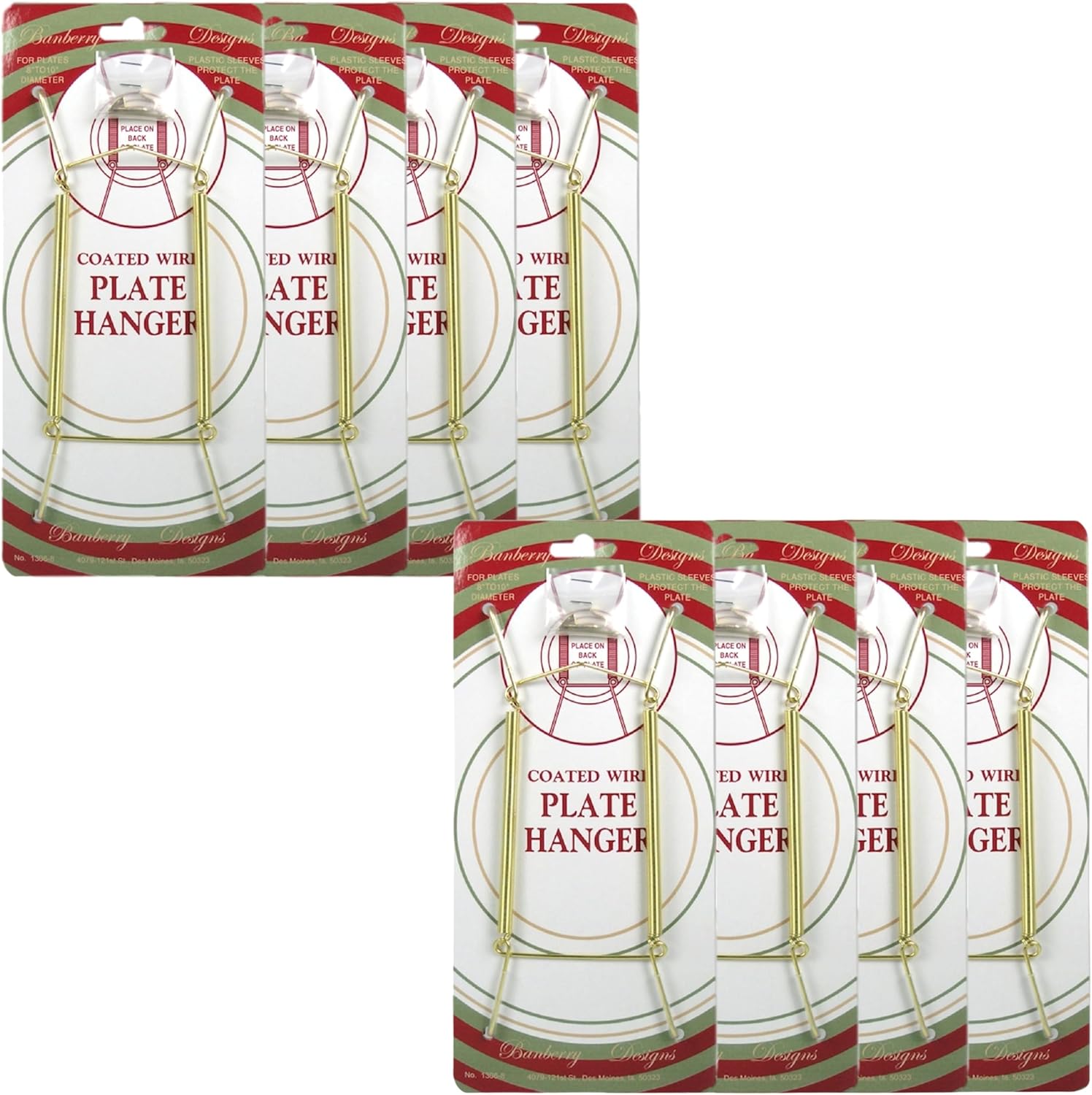 Big Brass Vinyl Coated Plate Hanger 14 to 20 Inch - Set of 8 Pcs - Clear Vinyl Protective Sleeves - Hook and Nail Included