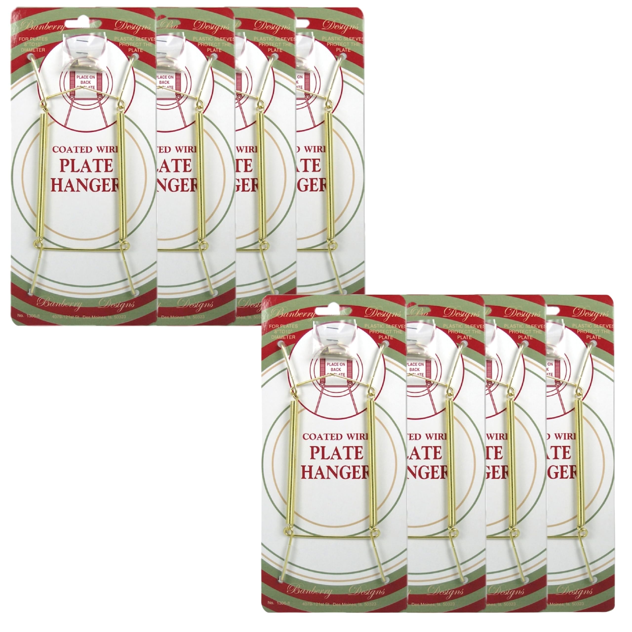 Big Brass Vinyl Coated Plate Hanger 14 to 20 Inch - Set of 8 Pcs - Clear Vinyl Protective Sleeves - Hook and Nail Included