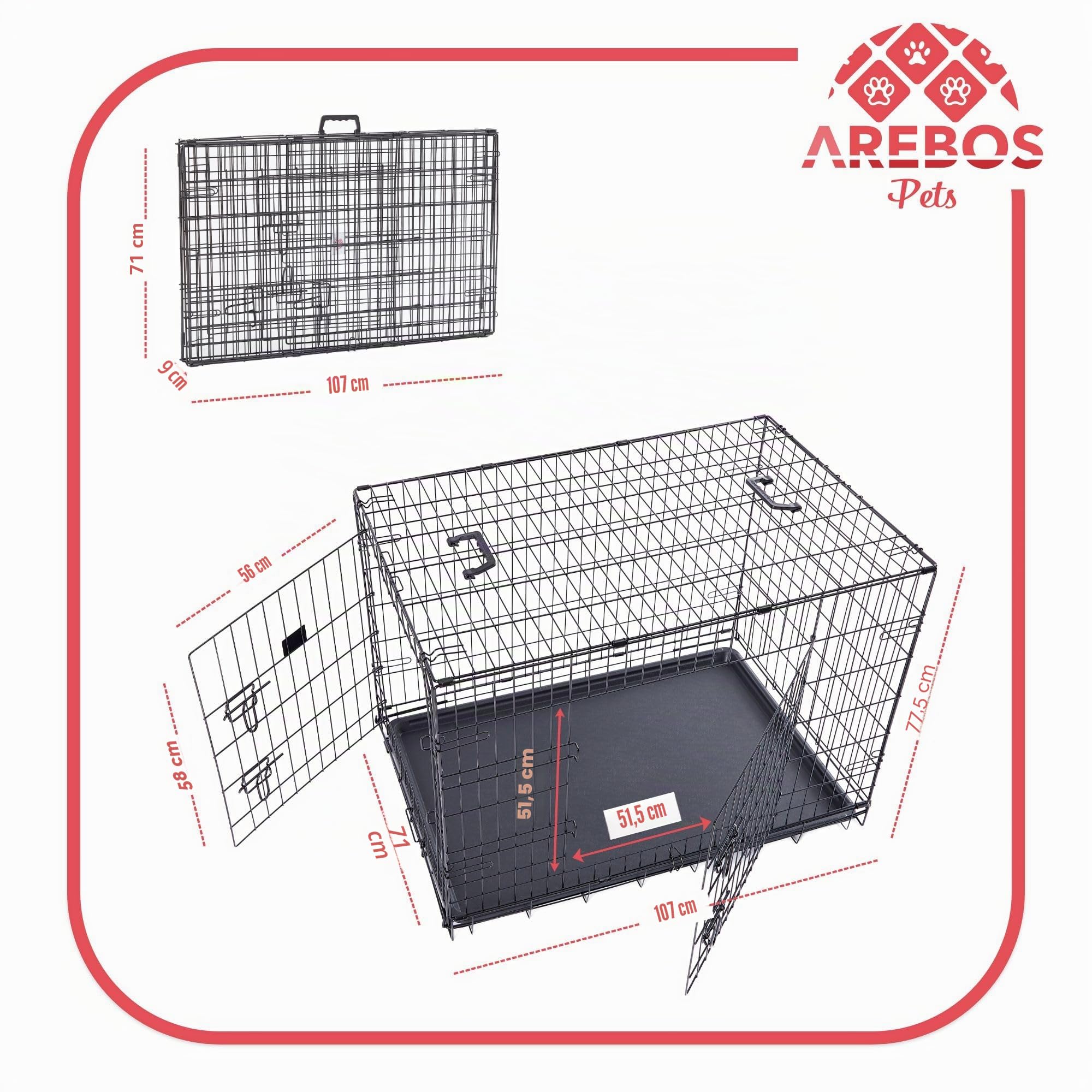 Arebos Cage pour Chien 107x71x77,5 cm | Cage de Transport Pliable pour Chien | Cage de Transport pour Chien à 2 Portes | Cage pour Chien d'intérieur | XL Noir
