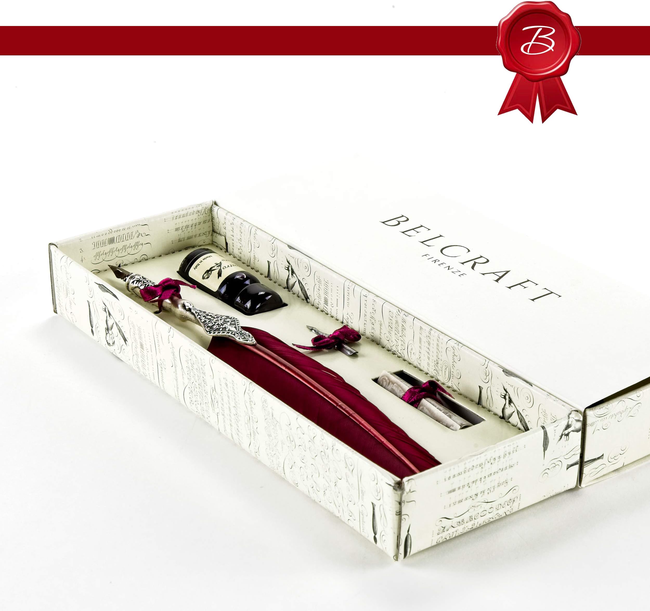 Belcraft Babilonia Large Writing Set Feather Pen Bordeaux, Quill Pen Set, Handmade Classic Italian Style, Including Special Box