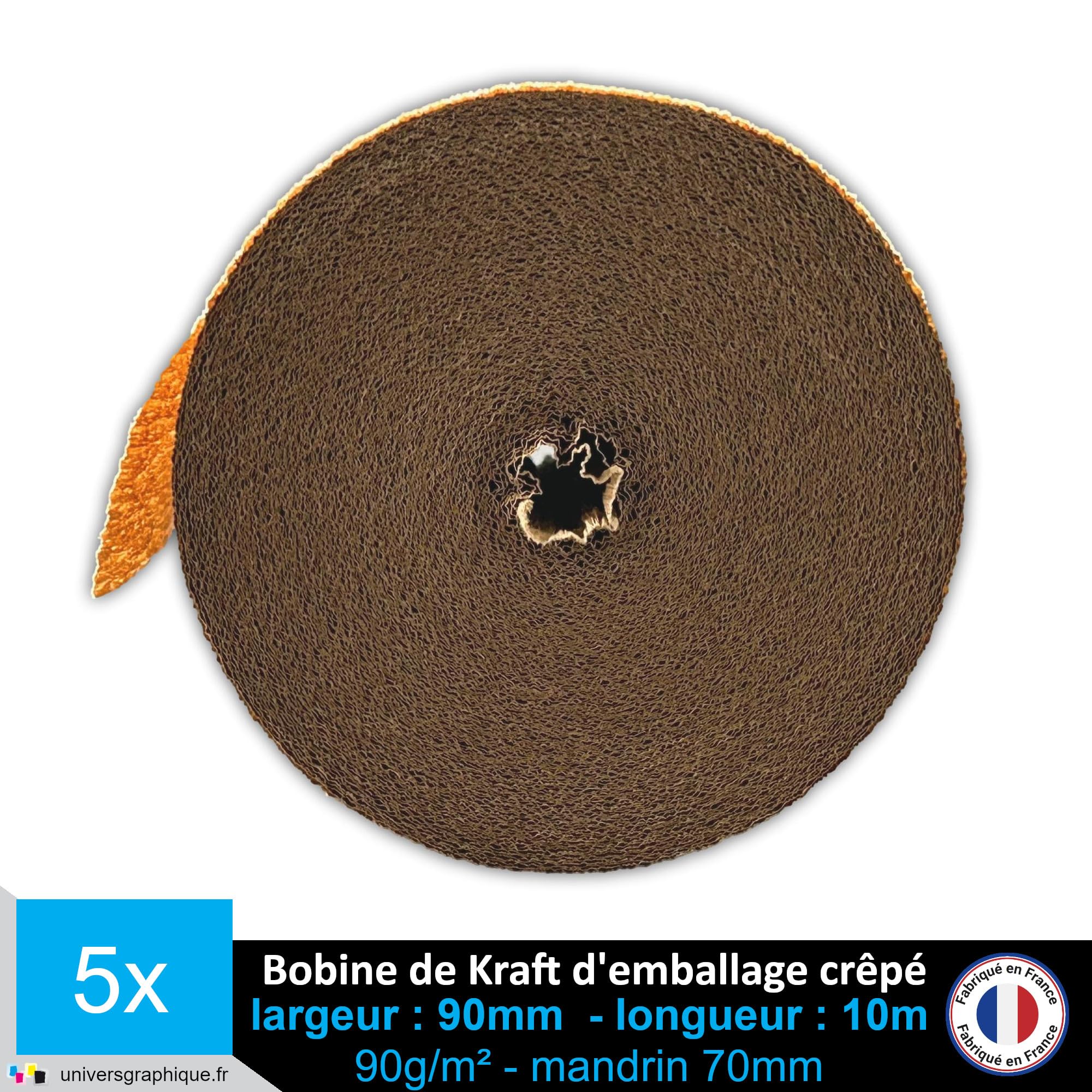 Papier Kraft d'emballage Crêpé 90 g/m² 90 mm bobine de 10m pour conditionnement et protection d’expédition (lot de 5)