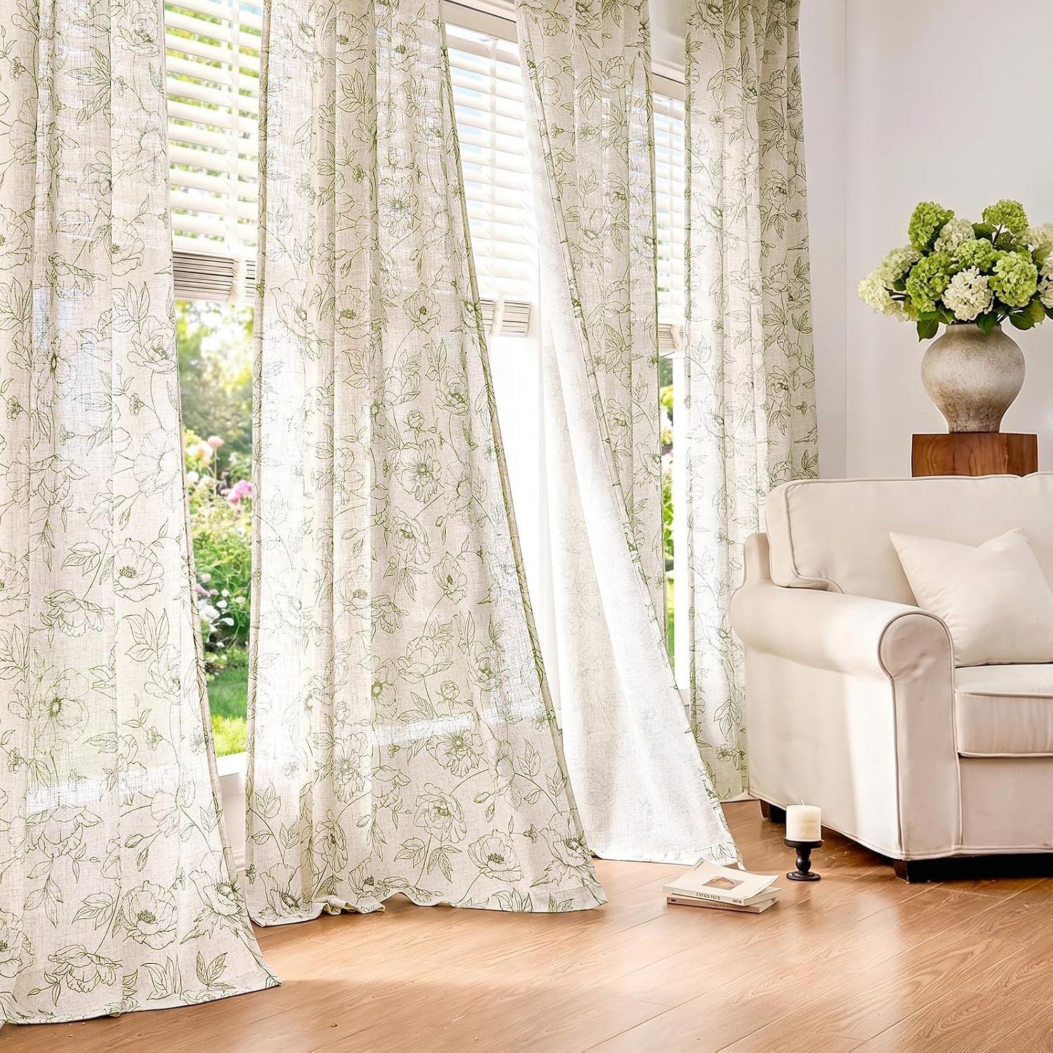 jinchan Floral Linen Curtains for Living Room 84 Inch Length Green Flower Curtain Rod Pocket Back Tab Farmhouse Curtains with Printed Floral Bedroom Window Curtain Set, 2 Panels Green