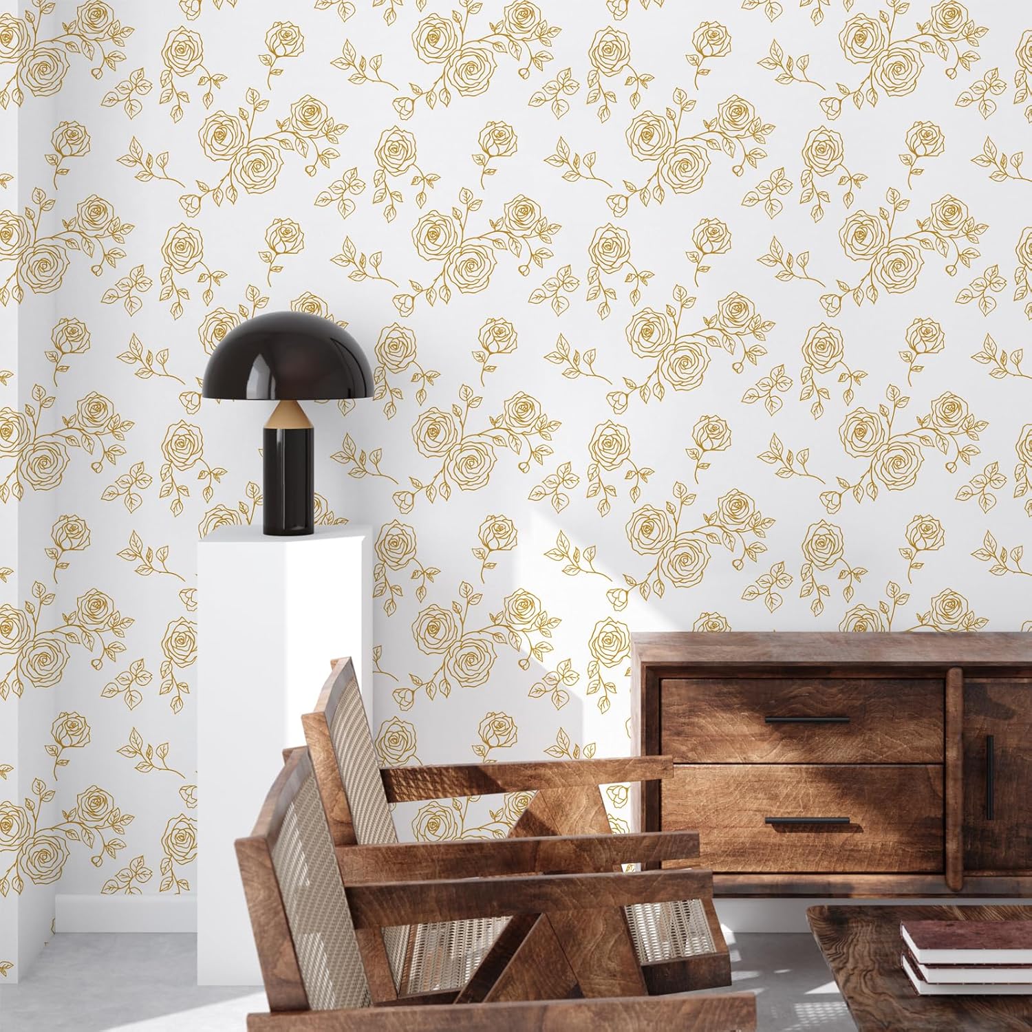 Amiya Gold and White Floral Wallpaper Peel and Stick Retro Wallpaper Boho Removable Contact Paperv A Set of17.3" X 1200" Self Adhesive Wall Paper Decorative WallsBedrooms,Cabinets Decal Vinyl Roll