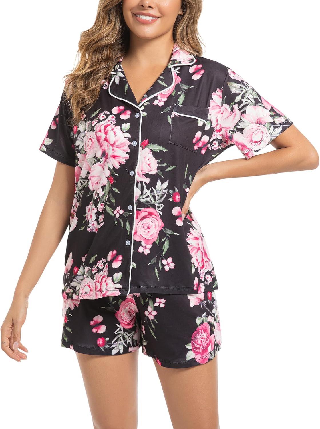 ENJOYNIGHT Womens Pajamas Set Summer Short Sleeve Pjs Button Down Loungewear Soft Sleepwear