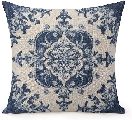 Miniatura 1 de Funda de cojín clásica de lino con patrón de damasco azul marino con cremallera de 22 x 22 pulgadas, fundas de almohada para sala de estar,