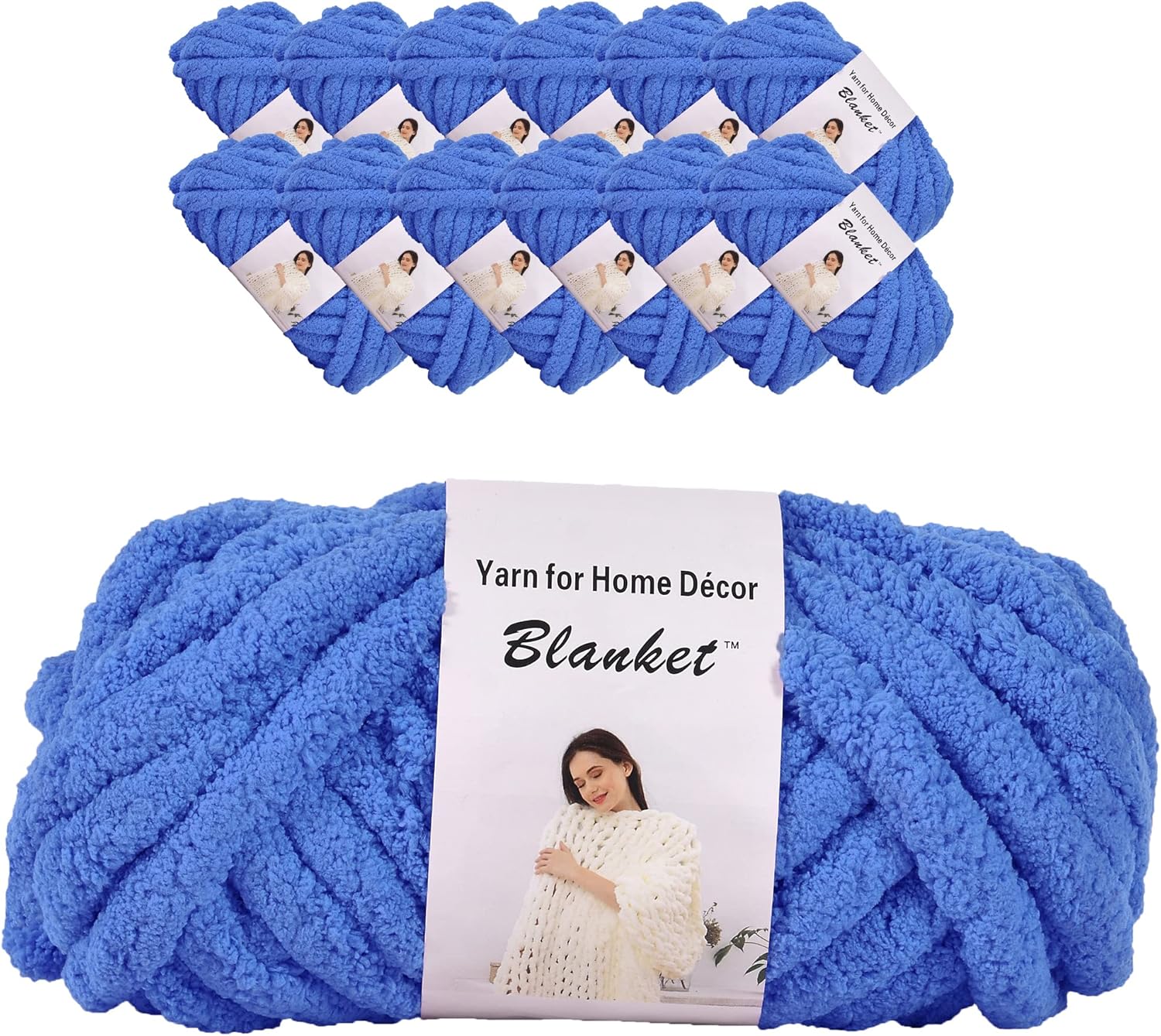 Alzoear Chenille Chunky Yarn Arm Knitting Thick Bulky DIY for Knit Blanket Cushion Bed Sofa Home Decor (Denim Blue, 12-Pack, 3kg/6.6 lb)