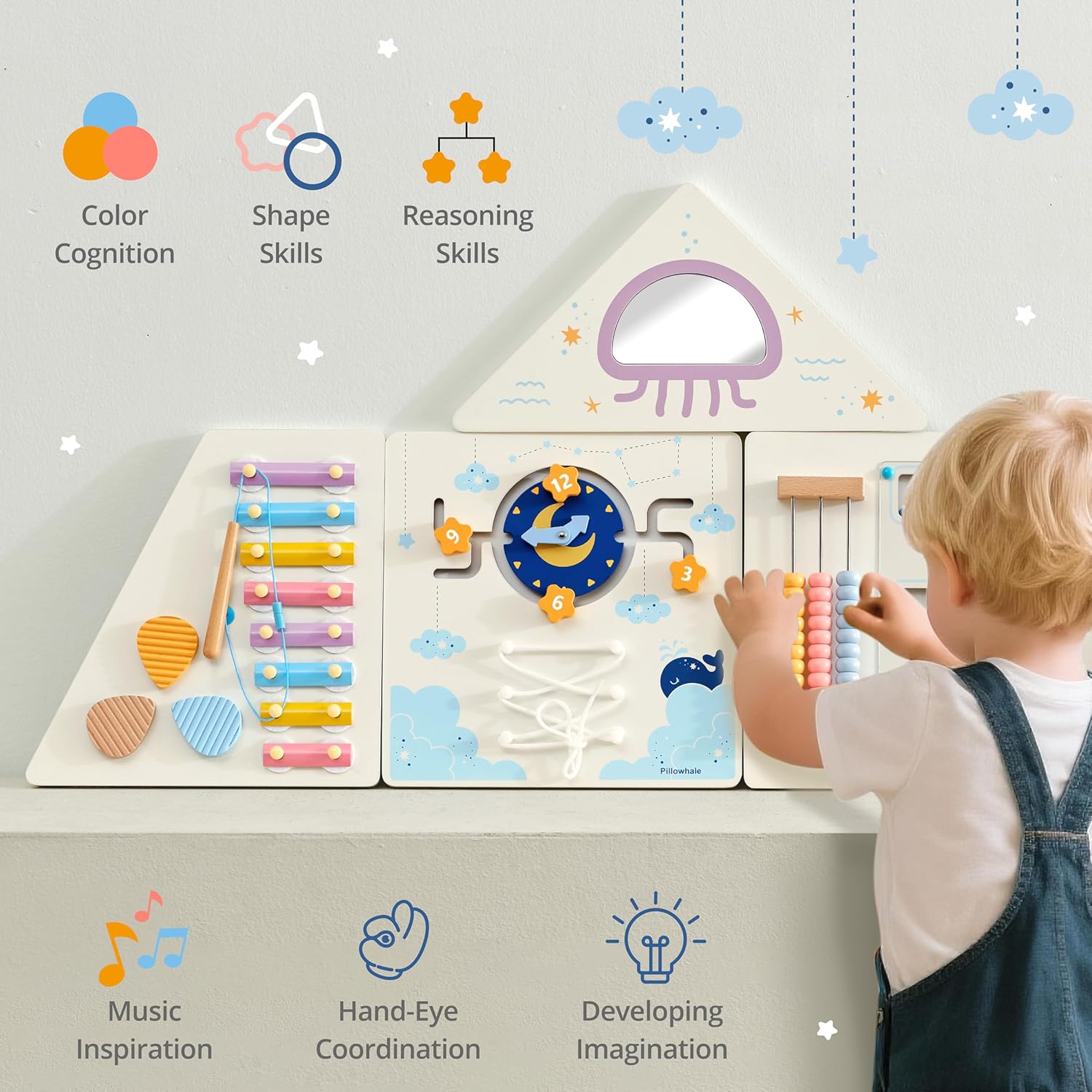 Tangram Activity Wall Busy Board Panels, 12-in-1 Learning Activity Center, Wooden Montessori Sensory Toys for Toddler Playroom, Nursery, Daycare, Classroom, Dentist Waiting Room