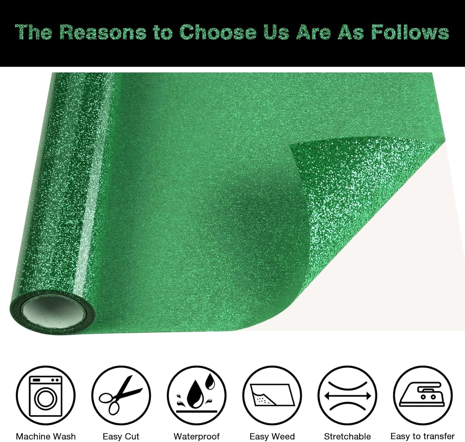 Green Glitter HTV Heat Transfer Vinyl Roll 12inch x 20 ft for T-Shirt Crafts Glitter Iron on Vinyl Suitable for Cricut, Silhouette Cameo or Heat Press Machine
