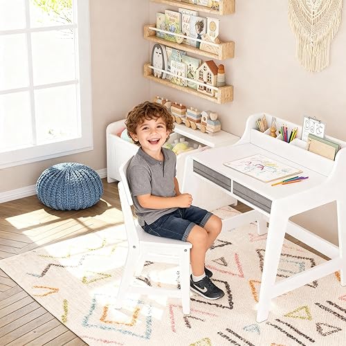 Miniatura 8 de UTEX Juego de escritorio y silla para niños, escritorio de estudio para niños con cubos de almacenamiento, mesa de estudio para niños de madera