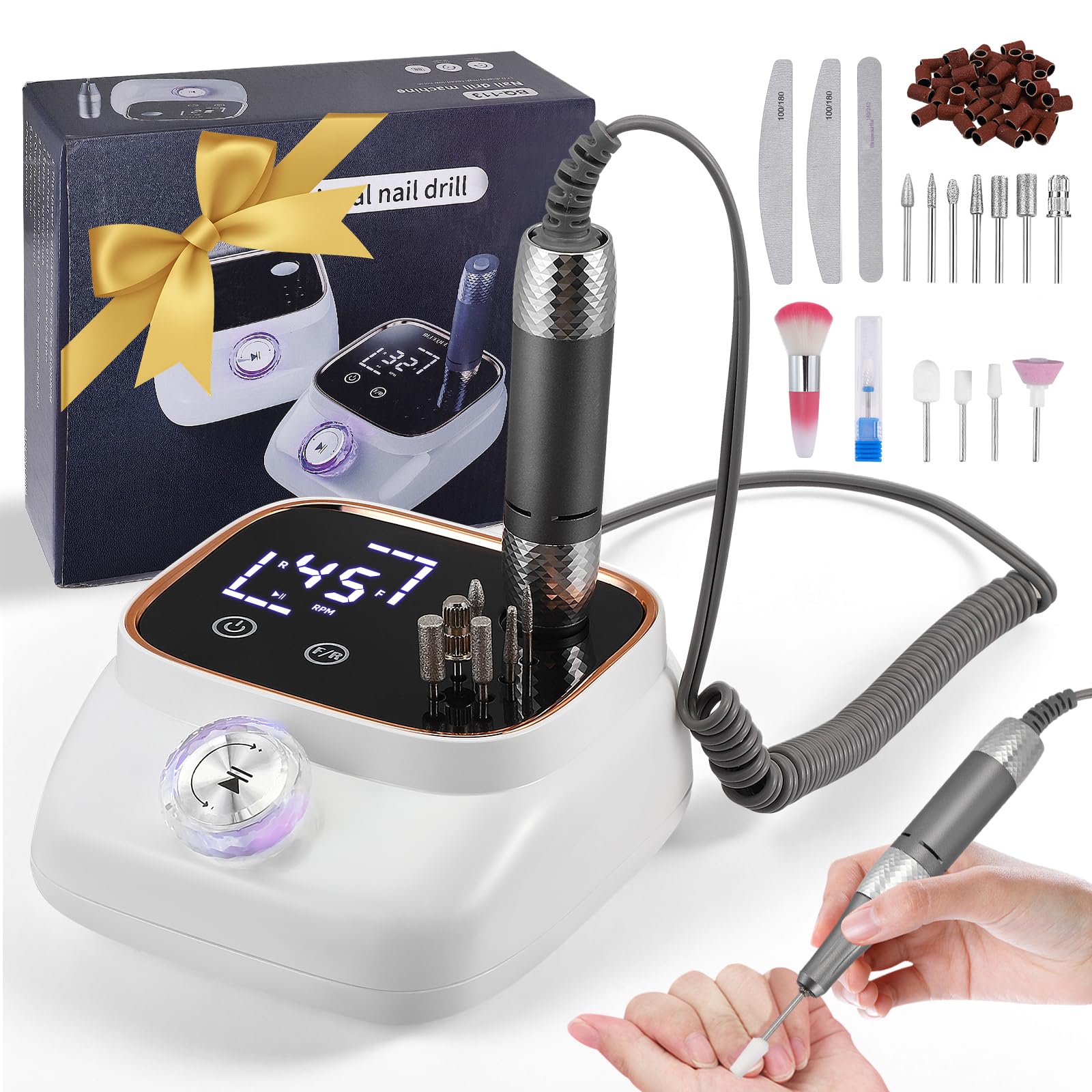 Torno para Uñas Profesional, 45,000 RPM Lima Electrica Uñas Profesional, Kit 11 Fresas Brocas, 56 Tiras Abrasivas, Pantalla táctil LCD, Quitar Acrílico Gel/Esmalte/Callos, para Uso Doméstico Salones
