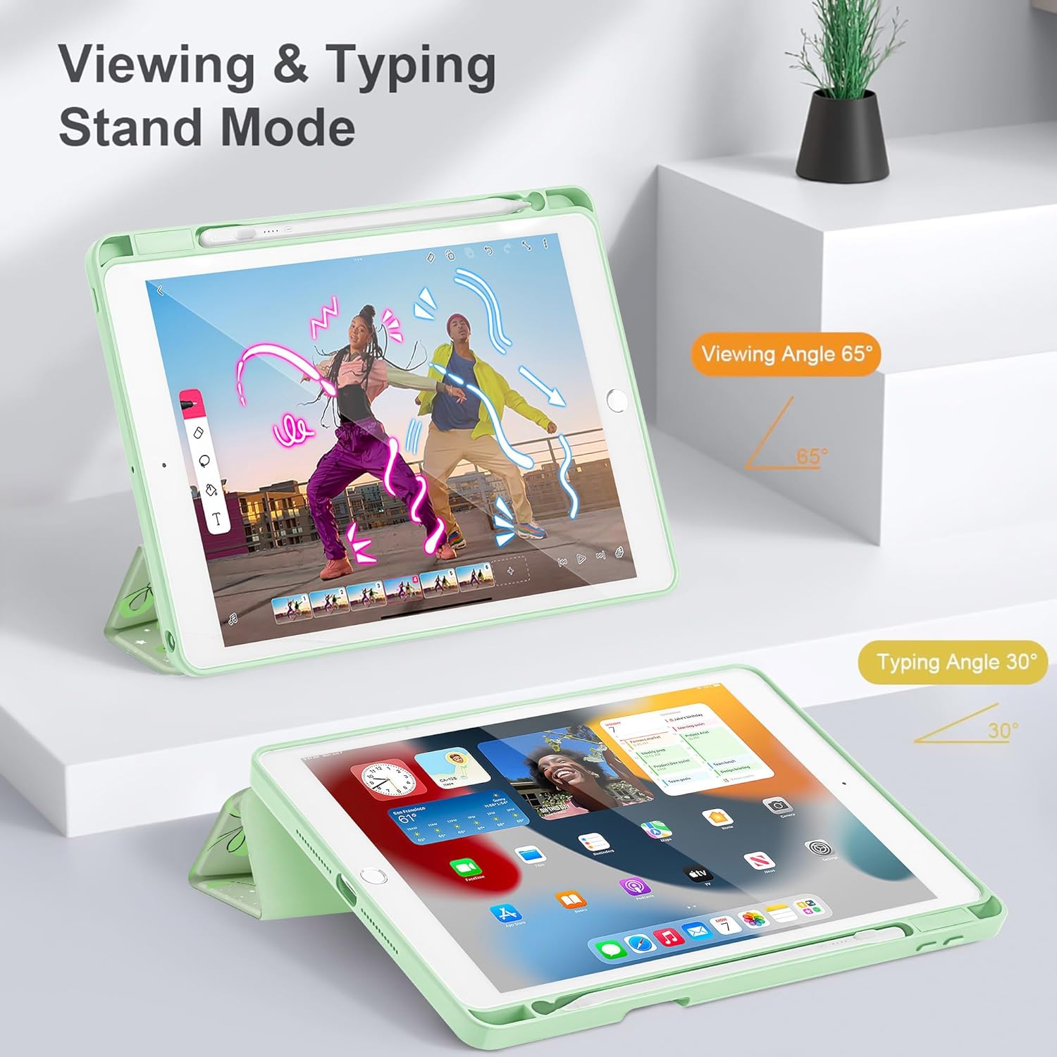 May Chen for iPad 9th Generation with Pencil Holder, iPad 8th/7th Gen Case 10.2-inch, [Penceil Holder] Trifold Stand Auto Wake/Sleep Clear TPU Protection Back Cover, Green Bows