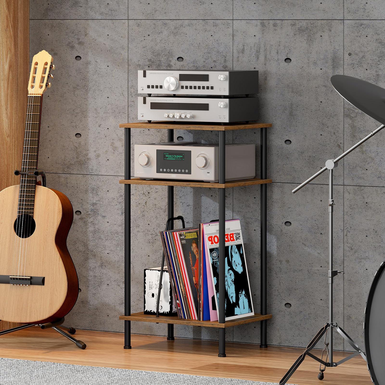 HOOBRO Mueble Tocadiscos de 3 Niveles, Mesa para Discos de Vinilo con Separador Extraíble, para Discos, Mesa Auxiliar de Estilo Industrial, para CD, Álbumes, Marrón Rústico y Negro EBF02RS01