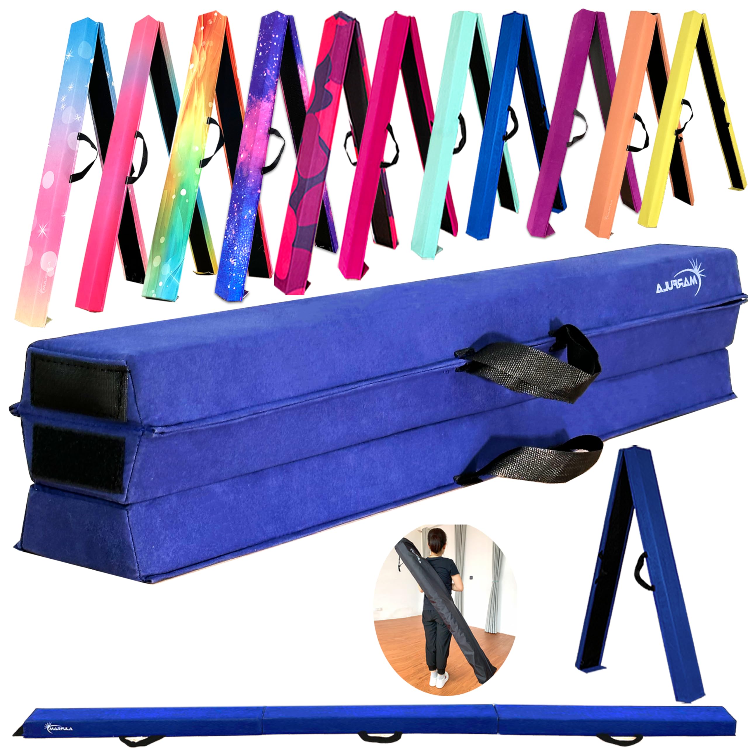 MARFULA 6 FT / 8 FT / 9 FT Folding Gymnastics Beam Foam Balance Floor Beam - Extra Firm - Suede Cover - Anti Slip Bottom with Carry Bag for Kids/Adults Home Use