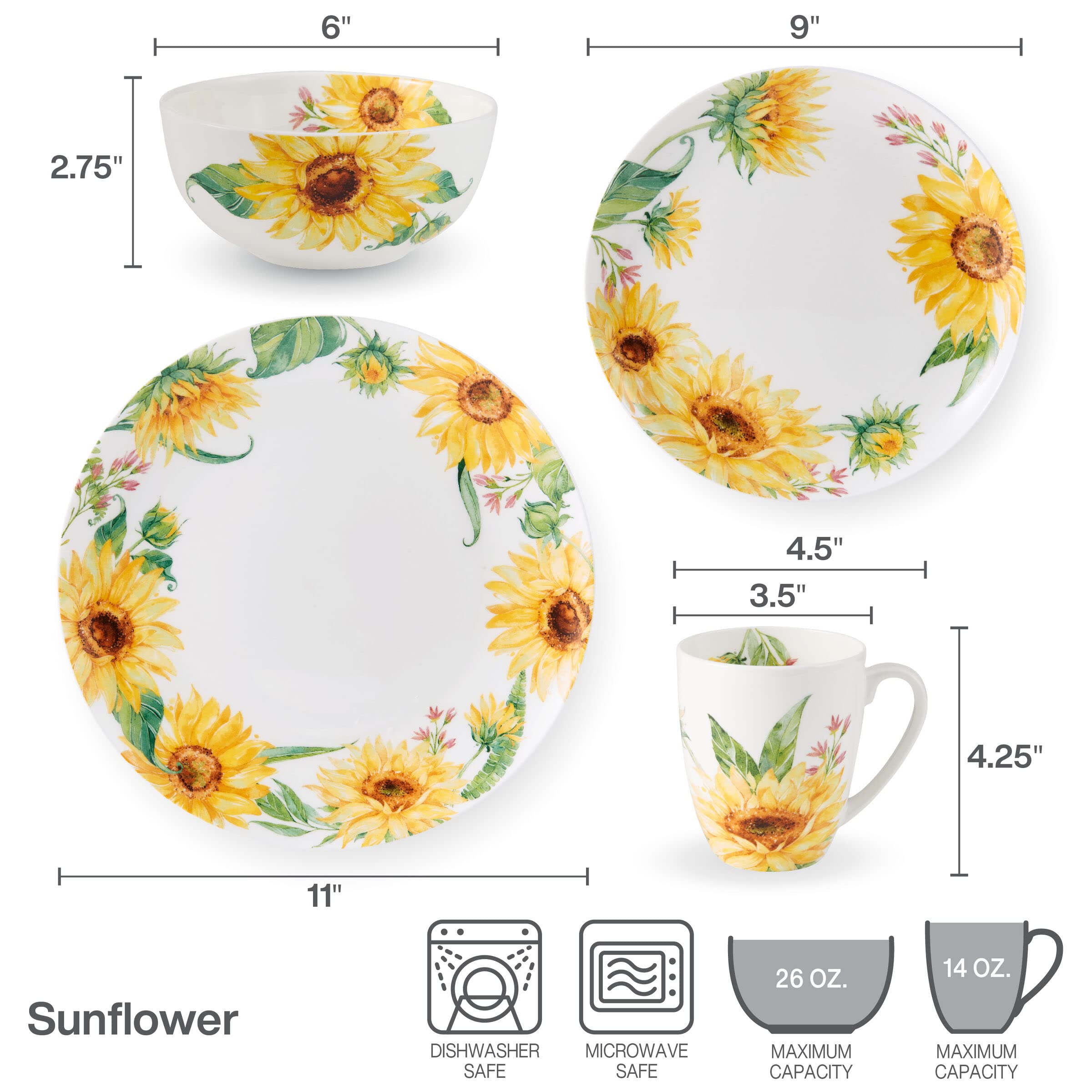 Mikasa Sunflower Geschirr-Set, Knochenporzellan, leicht, splitterfest, 16-teilig, Service für 4 Personen, mehrfarbig