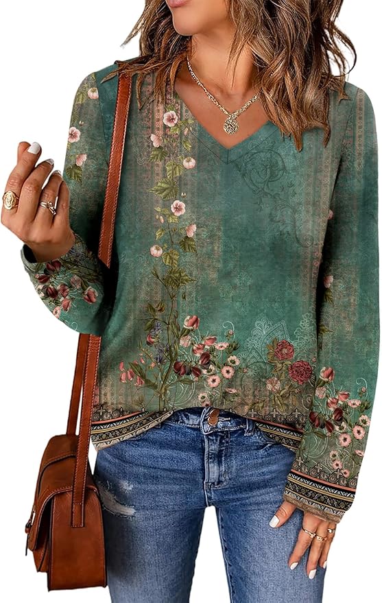 ONLYSHE Women's Casual Striped Long Sleeve Tops Crew Neck Knit Basic Loose Fit T Shirts Fall Fashion Tunic Outfits