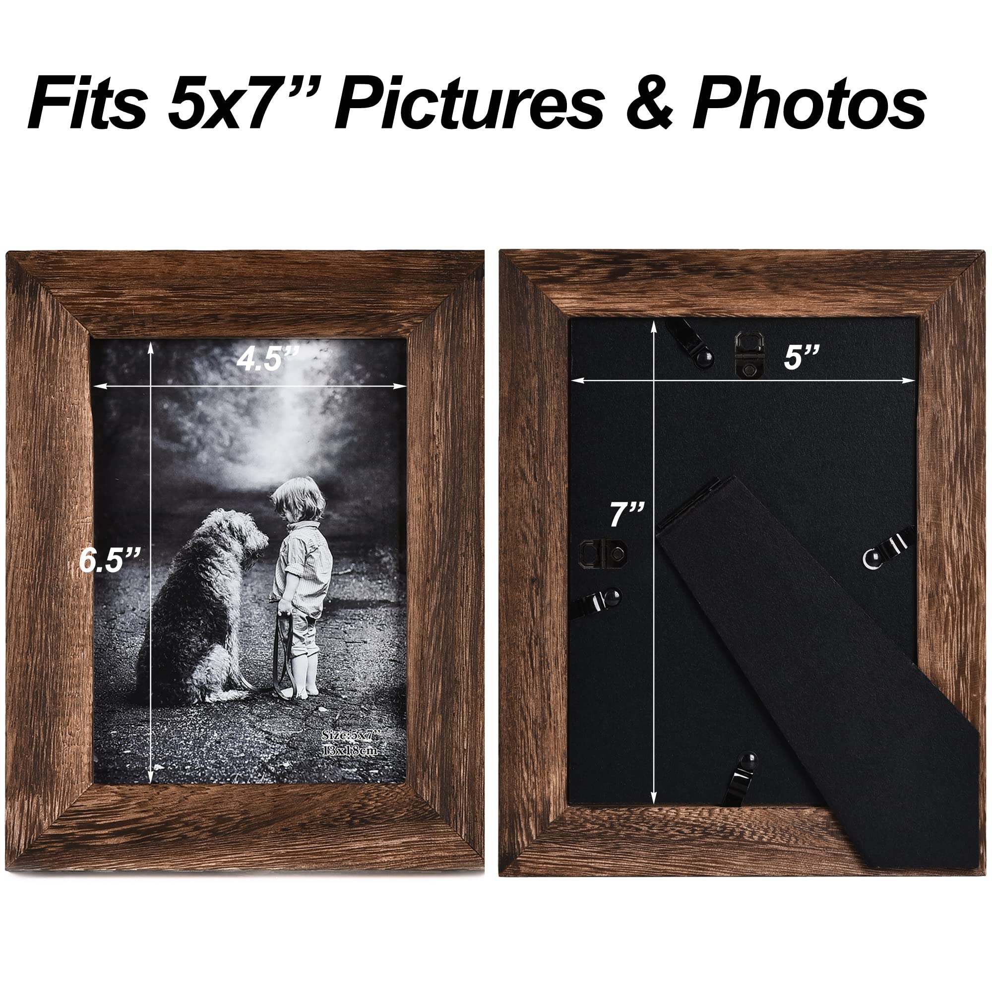 Yaetm Distressed Wood Picture Frame 5x7 - Rustic Solid Wood Photo Frame, Carbonized Black, 2 Pack, With Real Glass For Tabletop Or Wall Display