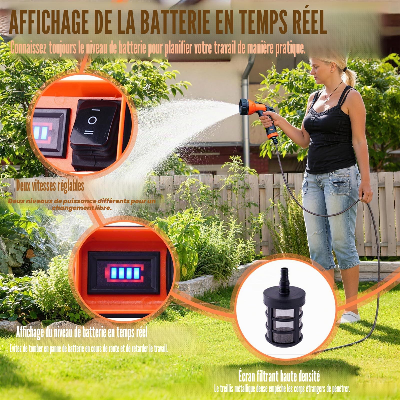 Pompe à Eau sur Batterie,600L/H Pompe de Jardin Sans Fil avec 2 Batteries,2 Vitesses,Pompe Arrosage électrique Inclus Buse 7 en 1,Pompe électrique Auto Amorçante Portable pour Maison,Piscine,Jardin